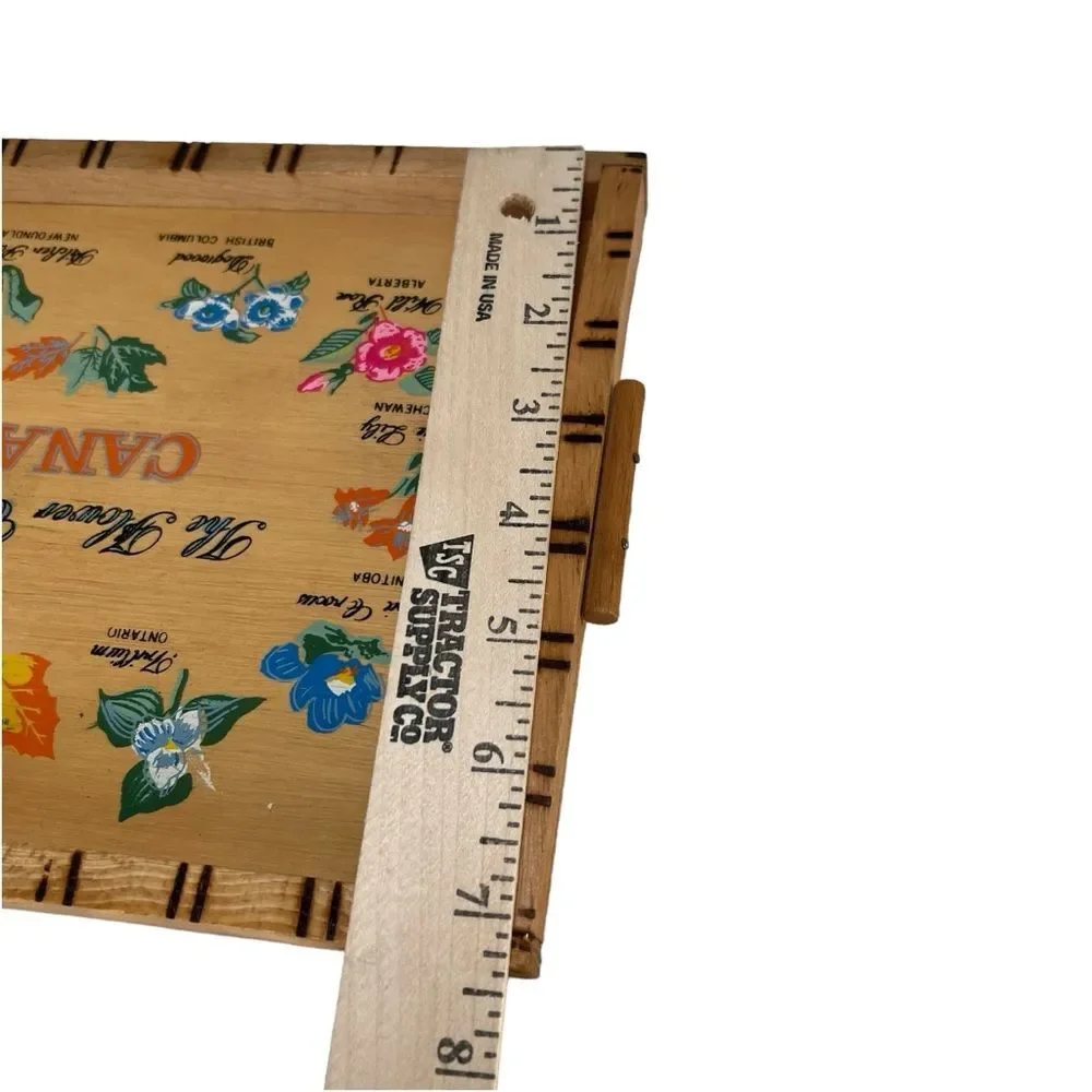 Vintage New Canadian Wooden Serving Tray and 6 Coasters Flowers Souvenir